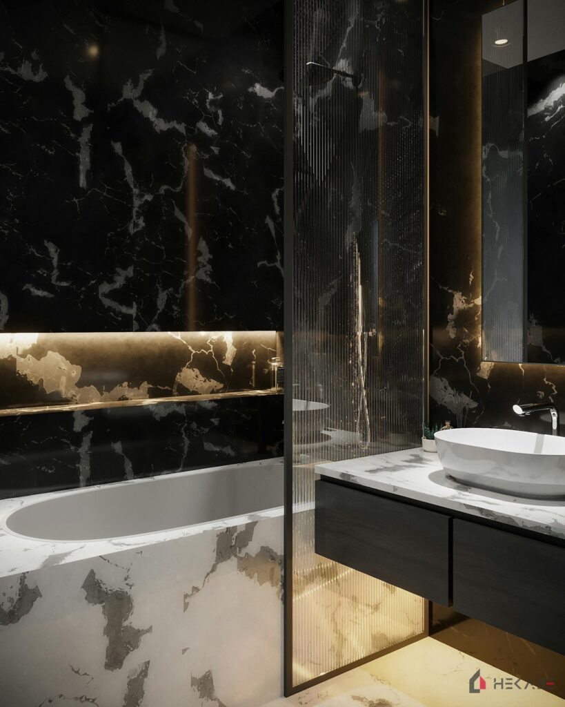 Łazienka Smolna Katowice — projekt Hekabe, wykończenia wnętrz premium
