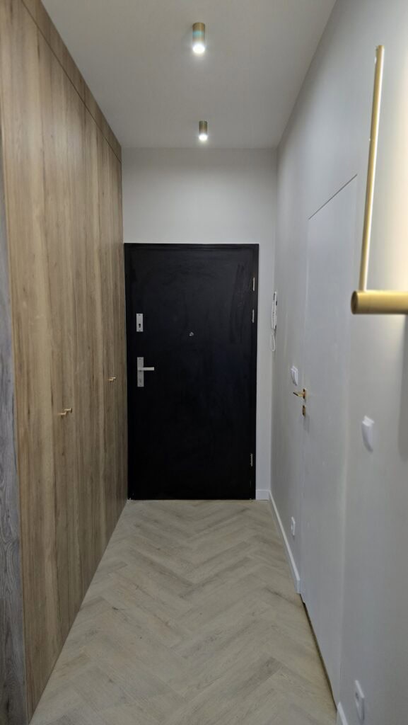 Wykończony salon w mieszkaniu deweloperskim — parkiet jodełka, Katowice